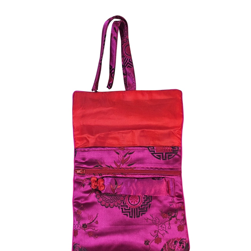 Vintage Pink Satin Brocade Jewelry Roll Travel Organizer Floral Frog Knot Tie